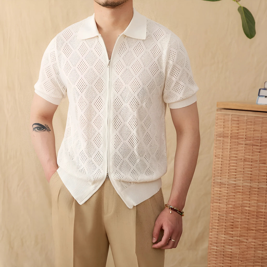 Cotton zipper cardigan top with lapel collar and short sleeves in light brown colour
