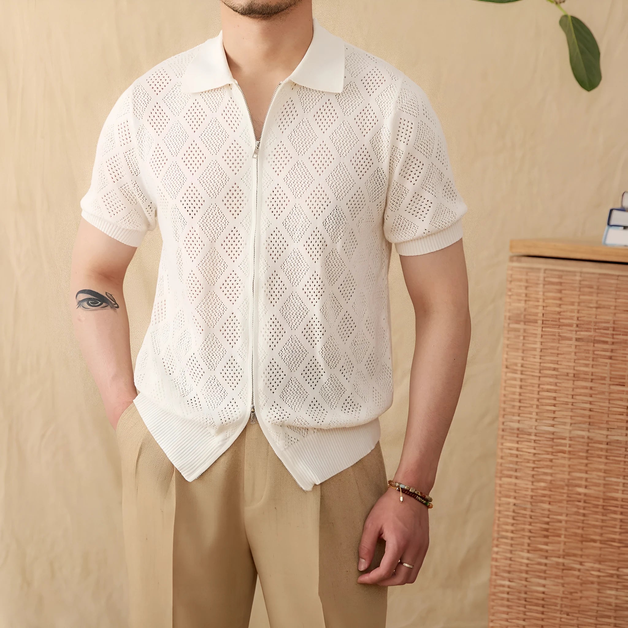 Cotton zipper cardigan top with lapel collar and short sleeves in light brown colour