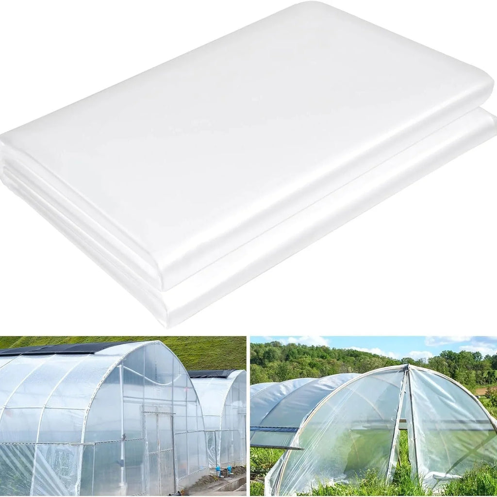 Large roll of clear plastic greenhouse film for vegetable shed insulation.