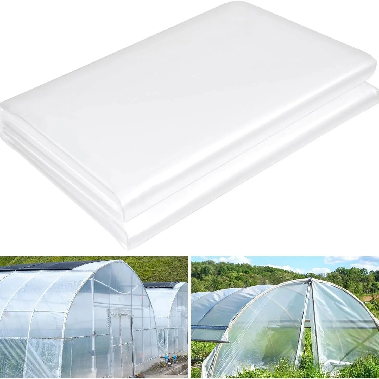 Large roll of clear plastic greenhouse film for vegetable shed insulation.