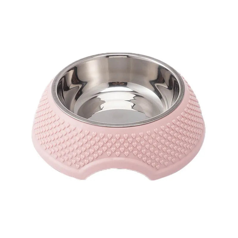 Stainless steel pet bowl with weighted non-slip base in blue, green, or pink colours