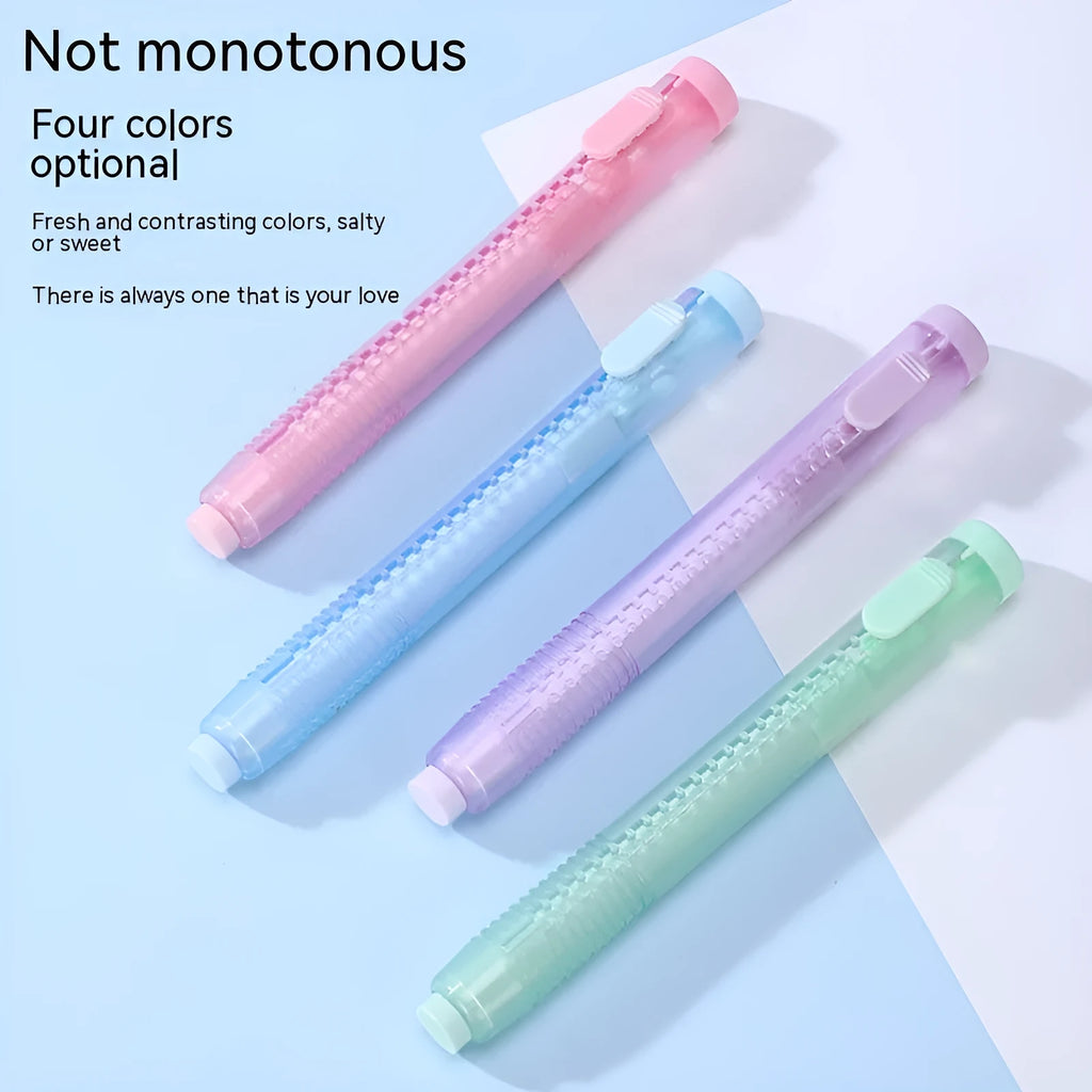 Children's automatic push eraser in four colour options showing compact 12x8cm size