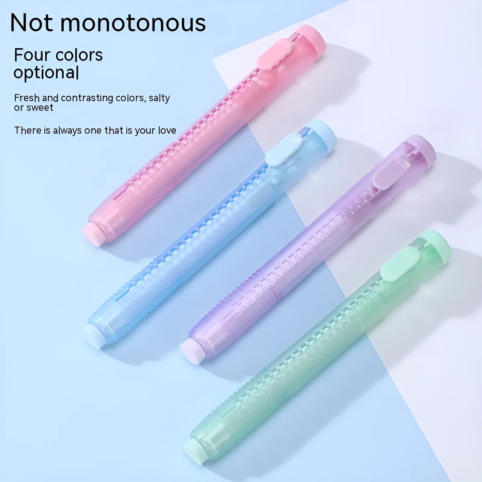 Children's automatic push eraser in four colour options showing compact 12x8cm size