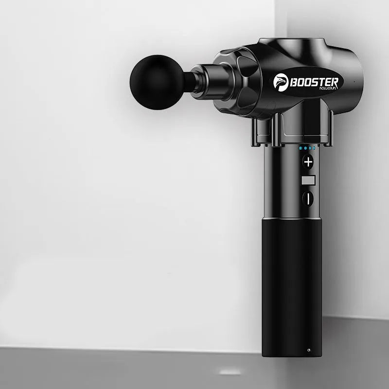 Black and white deep tissue massage gun with adjustable speed settings on a 1800-3200rpm scale.