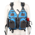 Grey fishing life jacket safety vest with multiple chest pockets and adjustable straps on mannequin