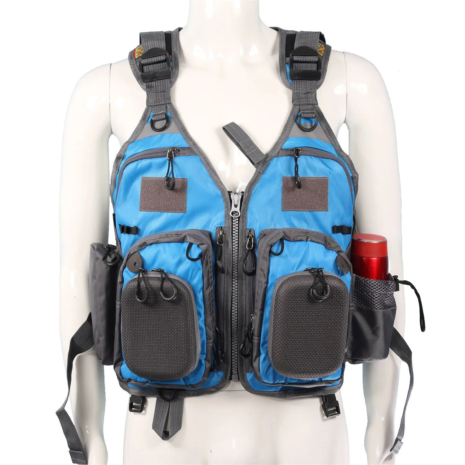 Grey fishing life jacket safety vest with multiple chest pockets and adjustable straps on mannequin