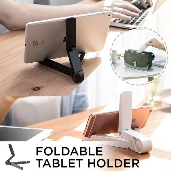 Black foldable tablet holder holding a smartphone in landscape mode on a desk.