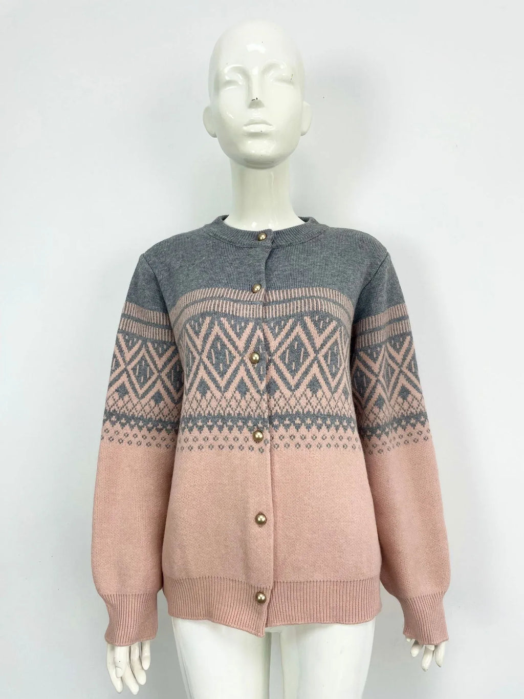 Women's red alpaca fleece cardigan with diamond knit pattern and contrast colour long sleeves
