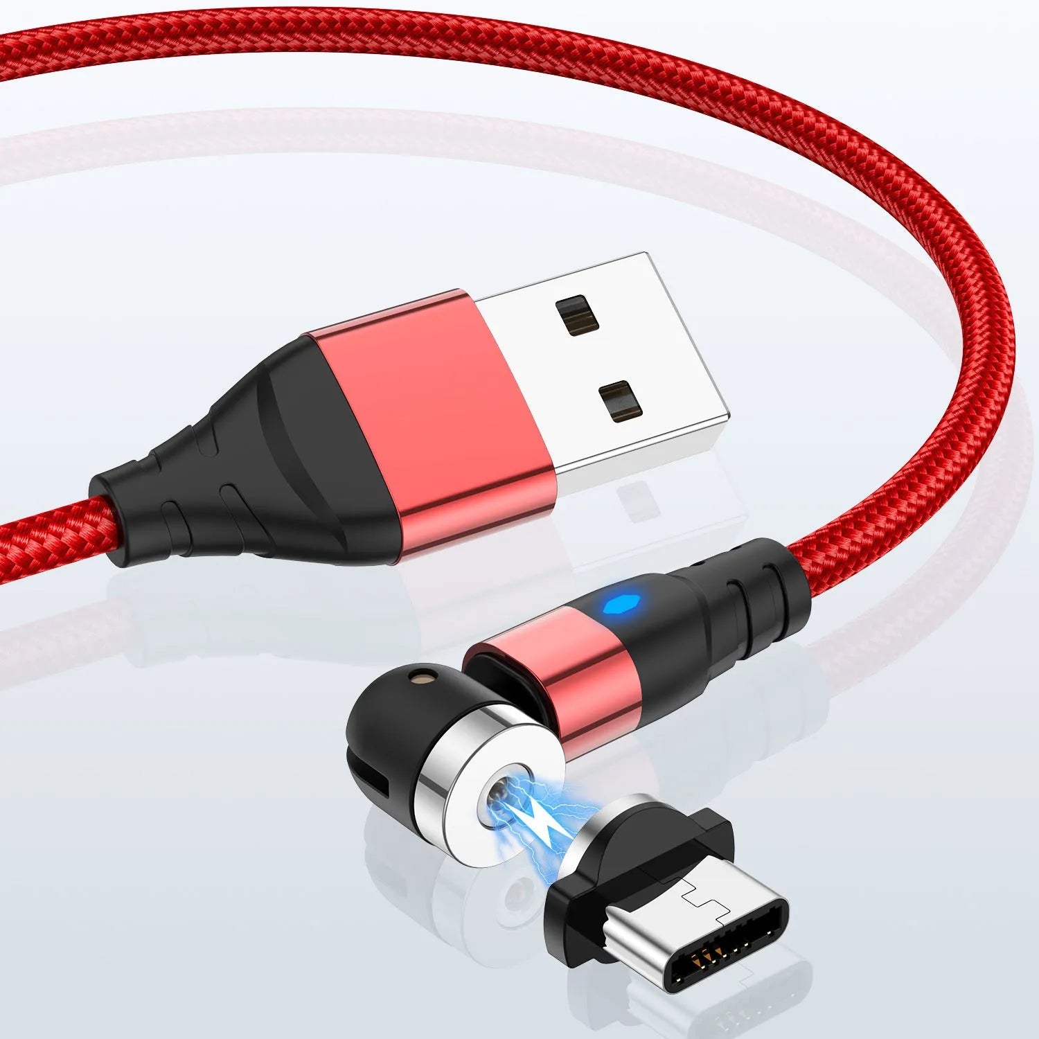 Magnetic charging cable with LED light indicator in various colours showing magnetic connection heads