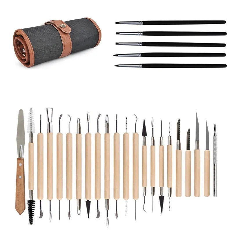 27-piece pottery tool set with roller, featuring wood, stainless steel, and plastic sculpting tools on a table.