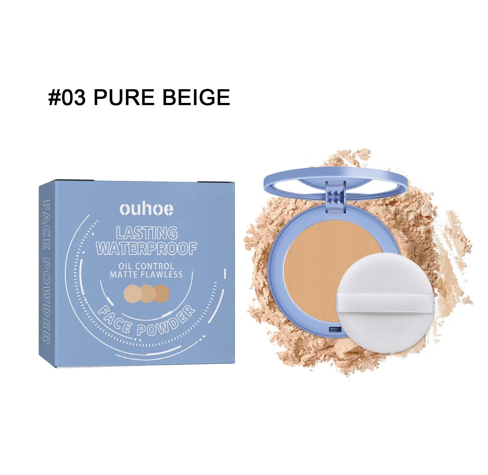8g compact of natural finish long-lasting finishing powder in beige and ivory tones.