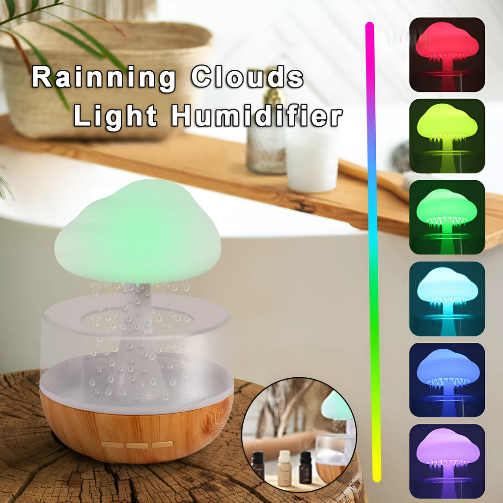 White raining cloud shaped humidifier with colour changing lights and water drop aromatherapy function