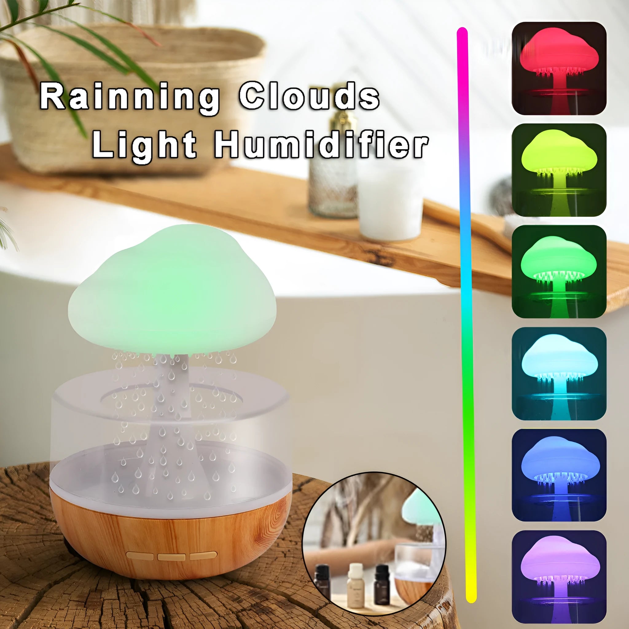 White raining cloud shaped humidifier with colour changing lights and water drop aromatherapy function