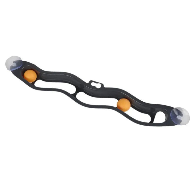 Interactive track ball cat toy with grey plastic track and suction cup attached to a window, 58 cm length