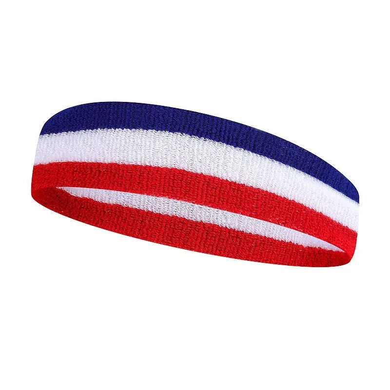 Cotton sports headband for adults in black red yellow colour combination measuring 5.5 by 20 cm