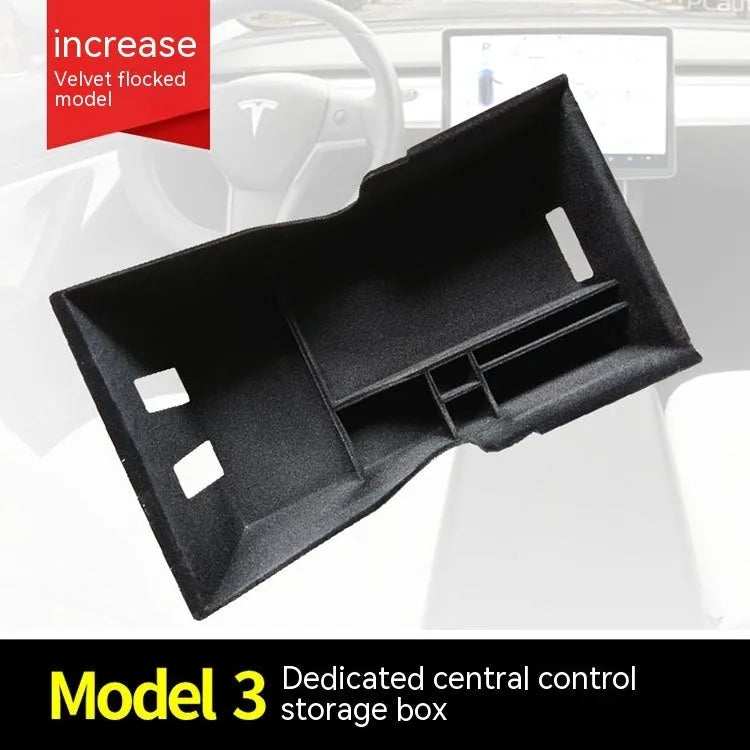 Plastic storage box designed for retrofitting into a Tesla Model 3, S, or X central control armrest.