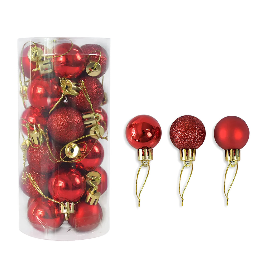 Assortment of shiny matte finish 3cm Christmas ball ornaments in gold, red, silver, and blue colours.