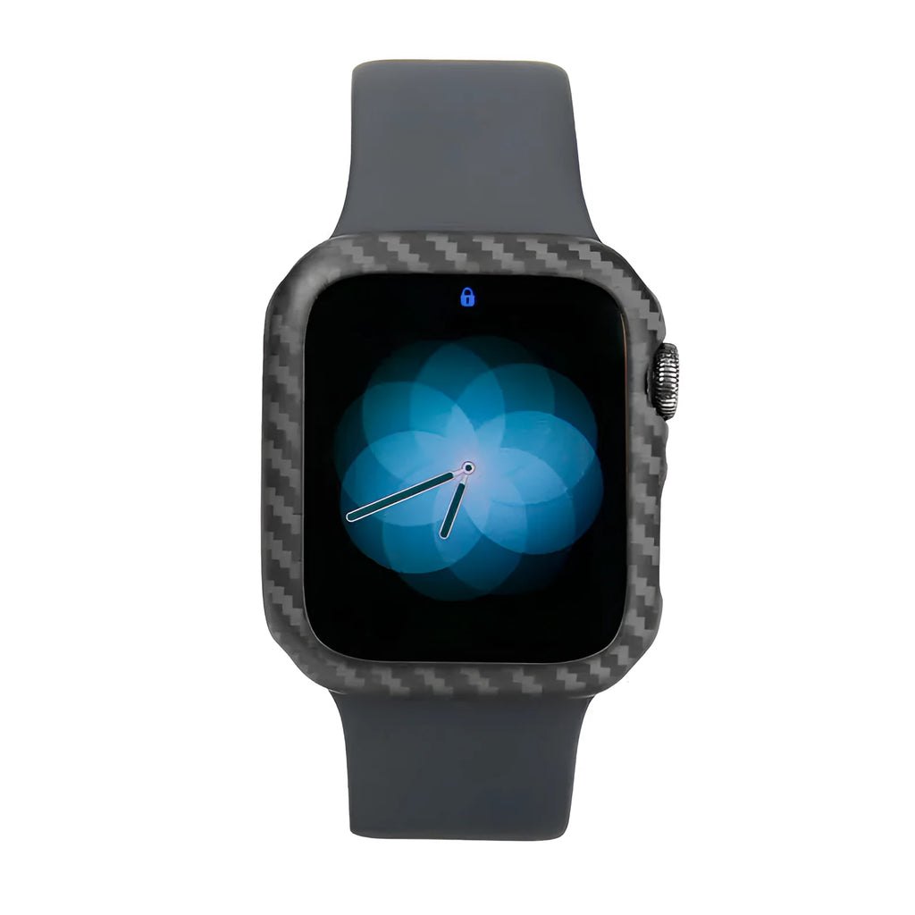 Apple Watch Series 4 carbon fibre half wrap leather case in 44mm size showing bright black and matt black colour options