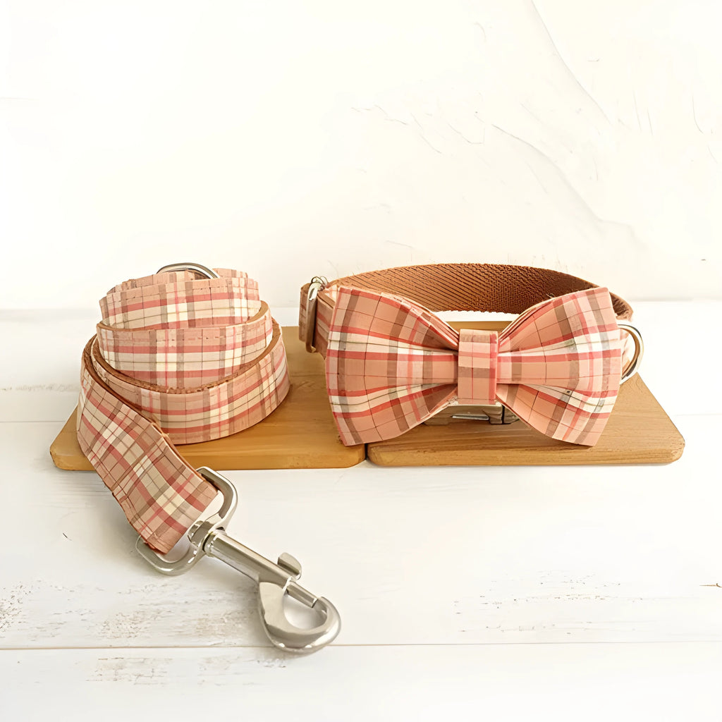 Orange polyester bowknot dog leash suit with matching collar and lead in size M