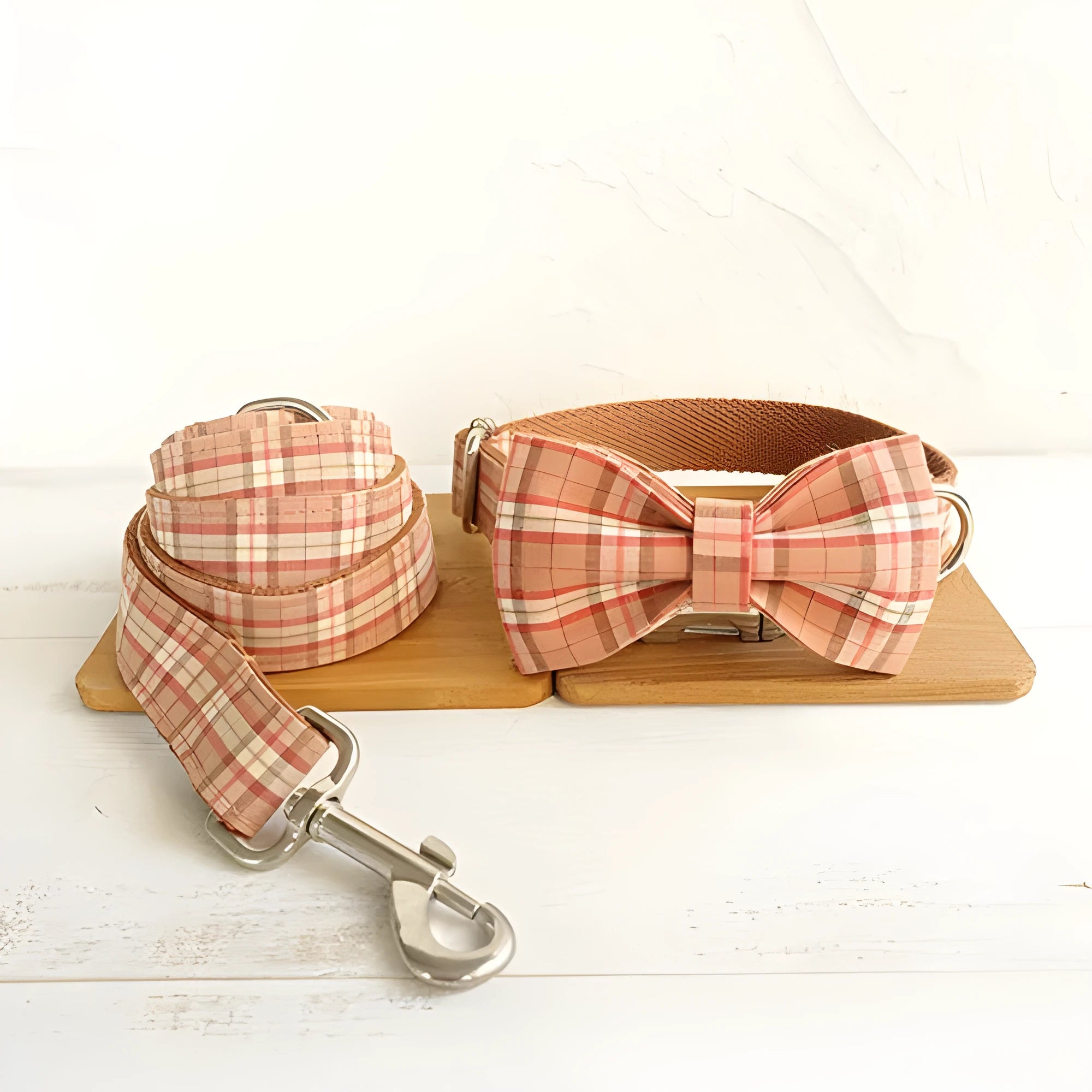 Orange polyester bowknot dog leash suit with matching collar and lead in size M