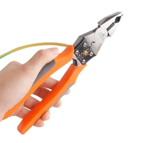 Orange-handled multi-function wire cutter pliers with alloy steel jaws for cutting and stripping wire.