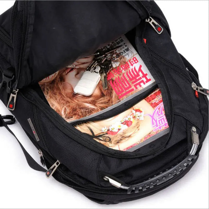Black business computer backpack with multiple compartments open, showing laptop sleeve and organiser pockets