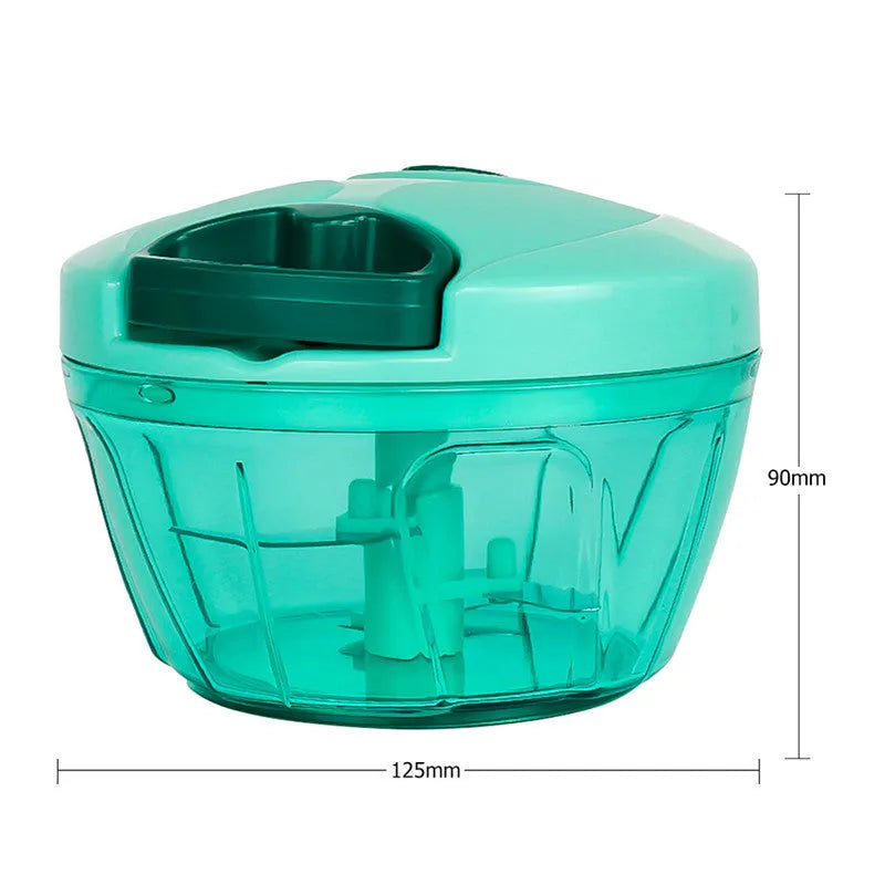 Green manual kitchen chopper with lid, three stainless steel blades visible inside 500ml bowl.