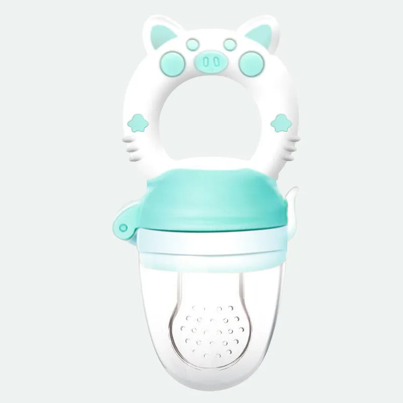 Soft silicone baby teether in blue, green, and pink colours with one or three mouthpiece options.