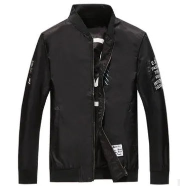 Reversible men's flight jacket showing stripe pattern, zip placket, and no collar design