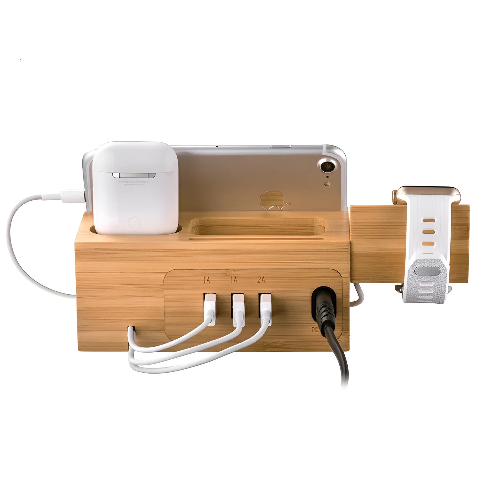 Natural bamboo multifunctional charging dock with Apple Watch cutout and AirPods hole