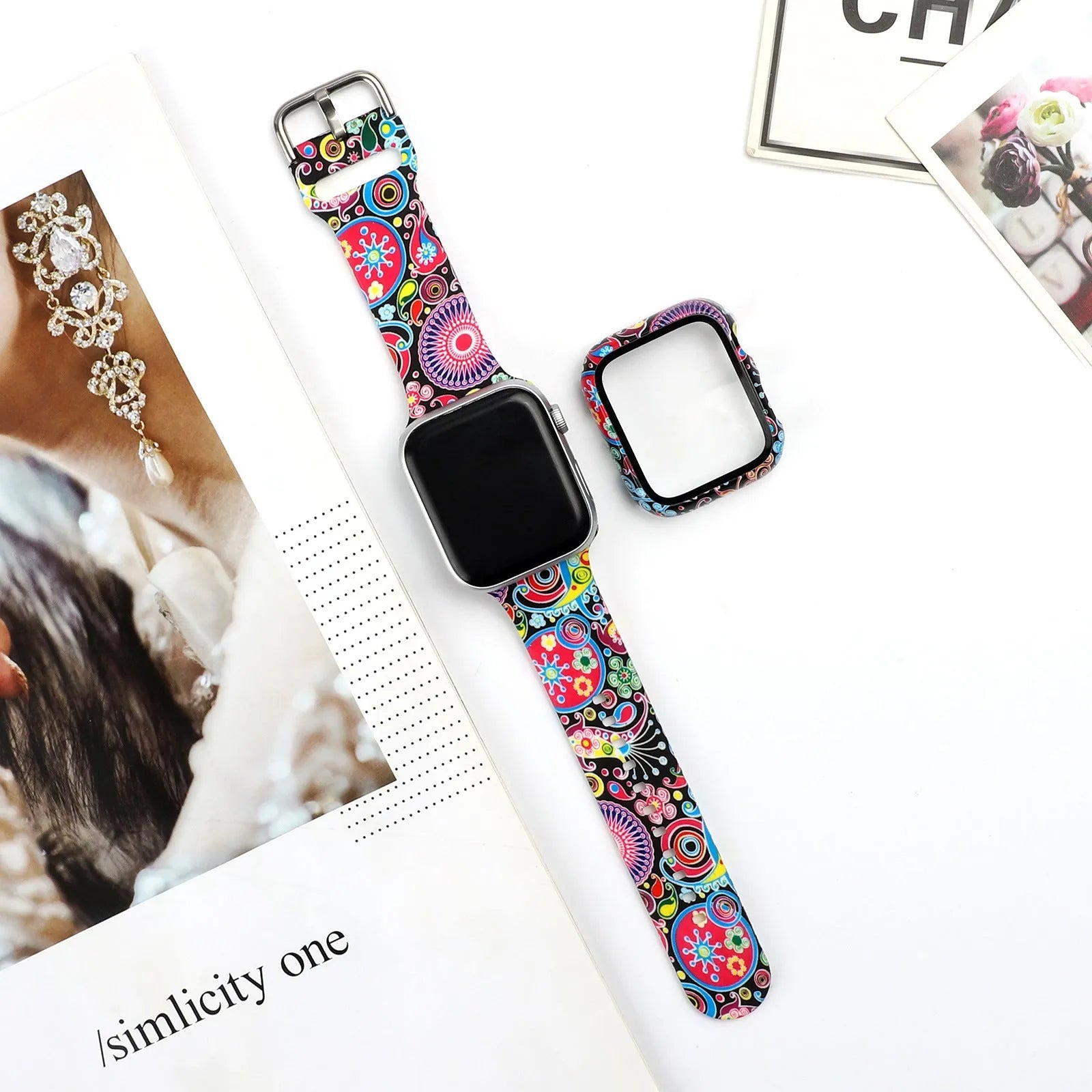 Printed silicone watch strap for Apple Watch showing multiple colourful pattern options.