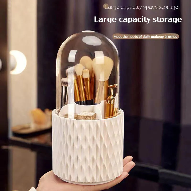 White transparent acrylic makeup brush storage box with rotating base and dustproof lid