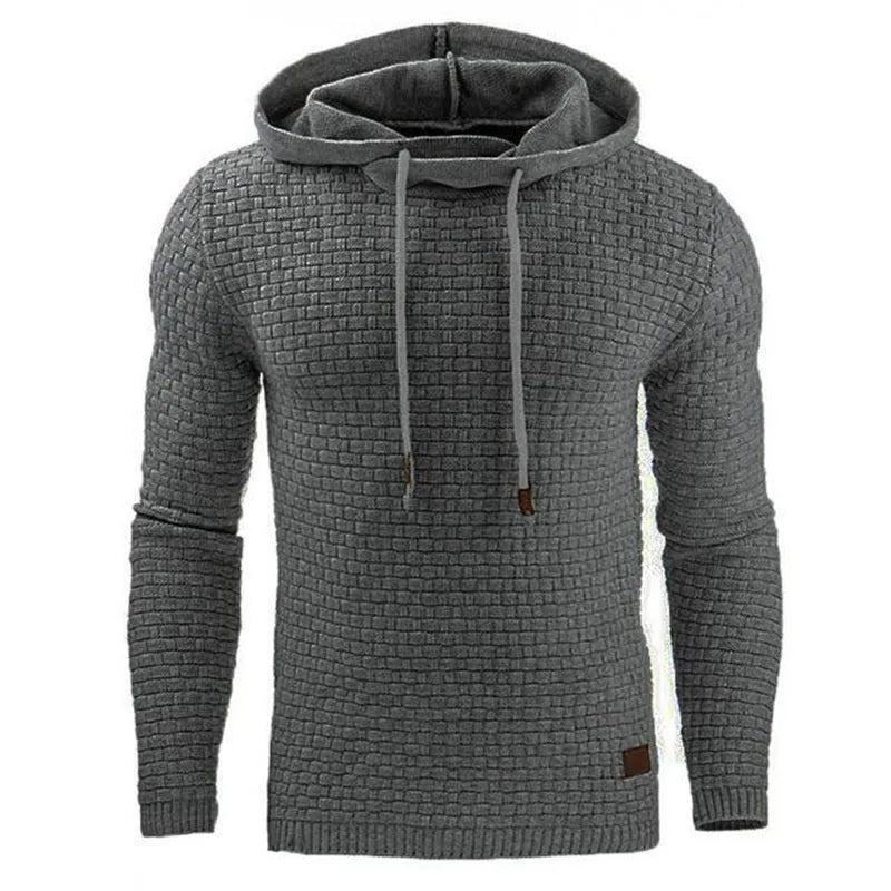 Men's black cotton-polyester blend hooded sweatshirt on a hanger.