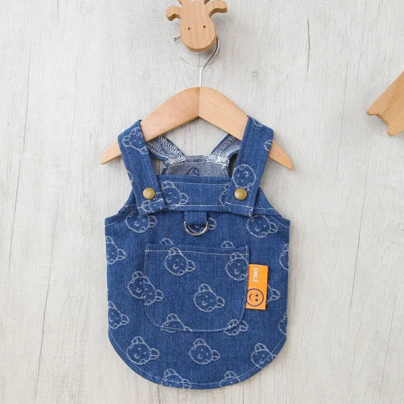 Blue denim dog dress with bracket-style design for small pets in spring and autumn