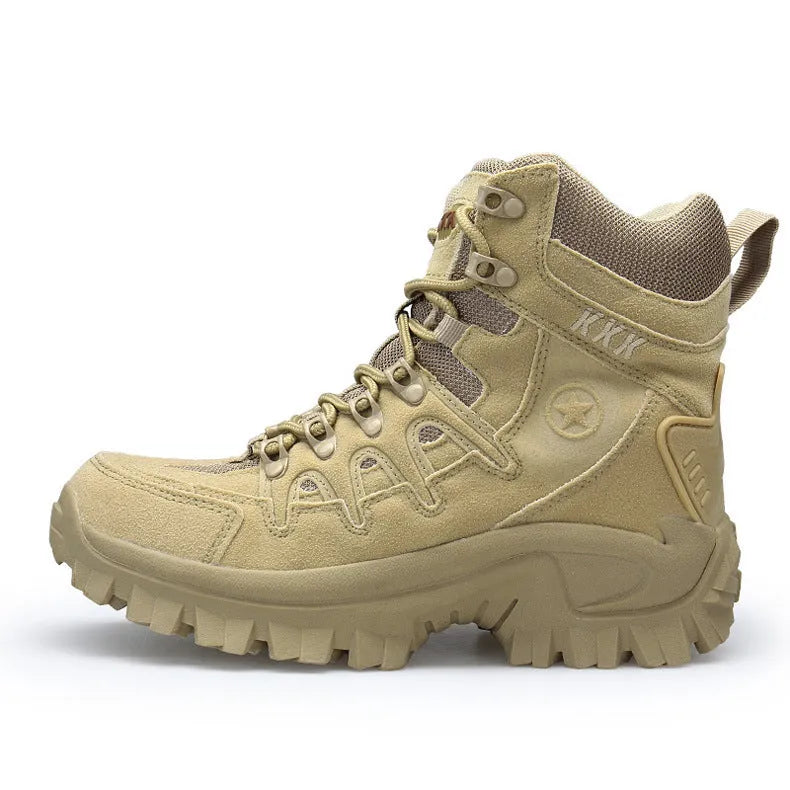Men's black US Army Delta style tactical boots with a rugged rubber sole, shown on a hiking trail.