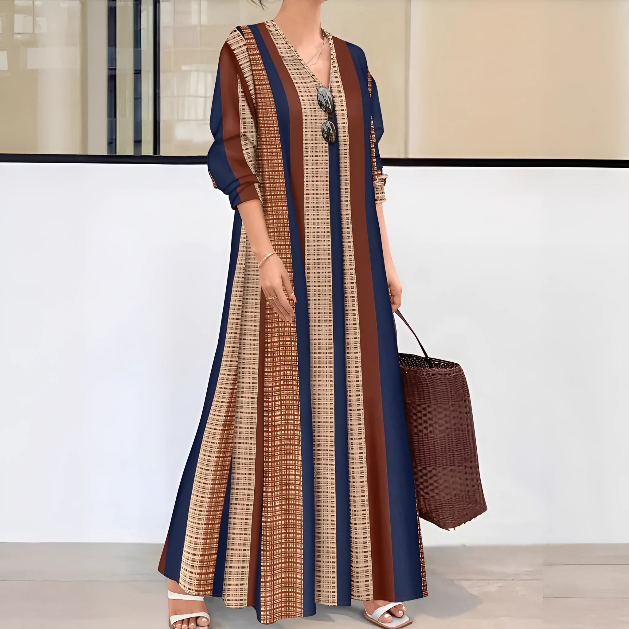 Camel coloured striped V-neck knitted long dress with A-line silhouette and long sleeves