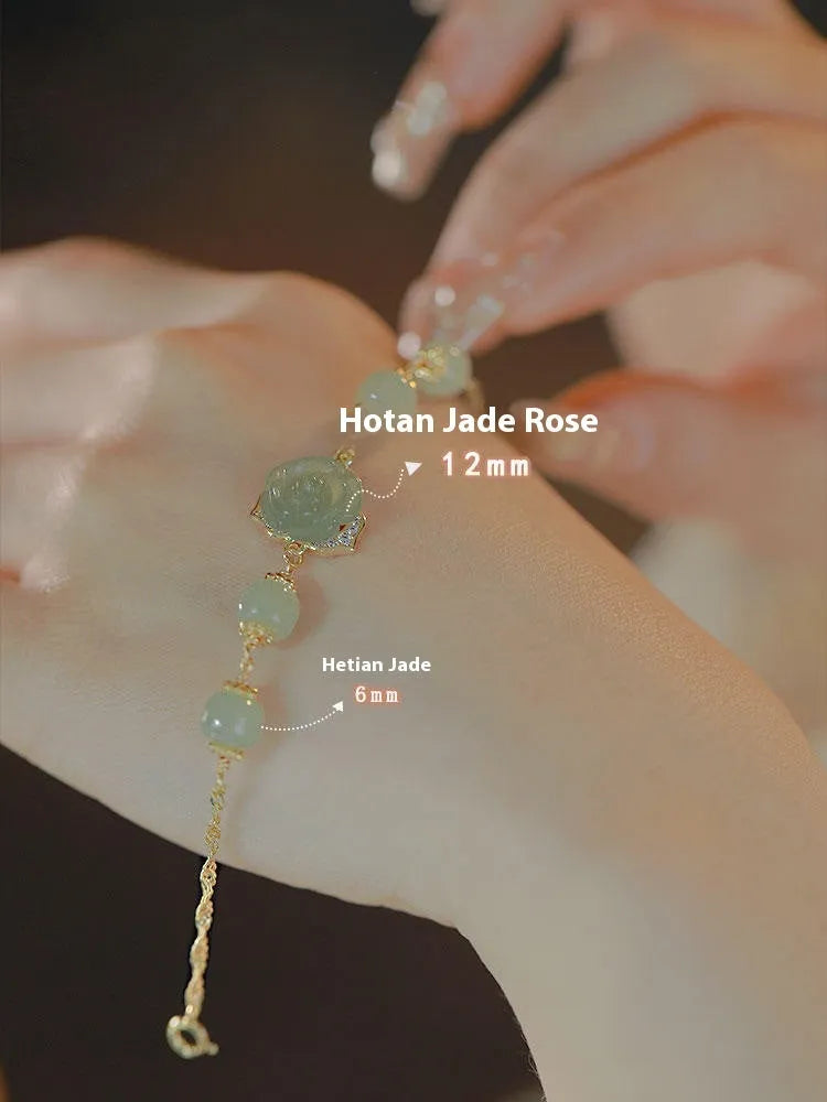 Women's Hetian jade bracelet with rose flower design and 14K gold plating