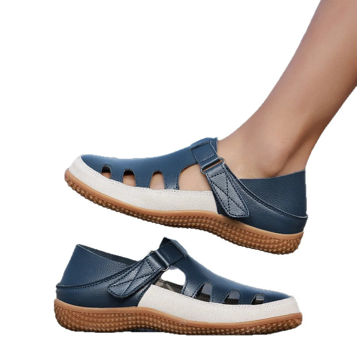 Plus size women's flat heel sandals with hollow toe cap design in blue colour