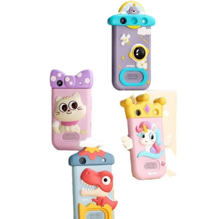 Children's toy simulation mobile phone with 22 function flip lens in Kitty and Spaceman styles on white background