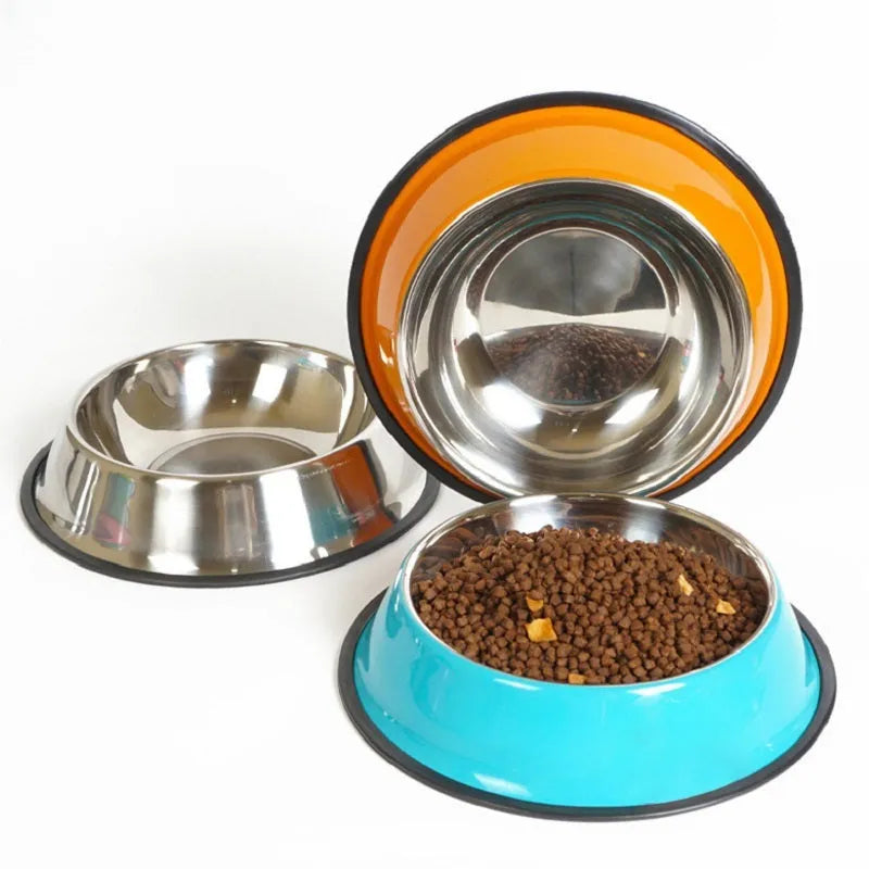 Stainless steel and colourful melamine pet bowl with a non-slip rubber base.