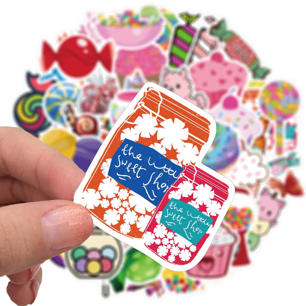 50 colourful Candy graffiti stickers with cartoon designs measuring 4-6cm