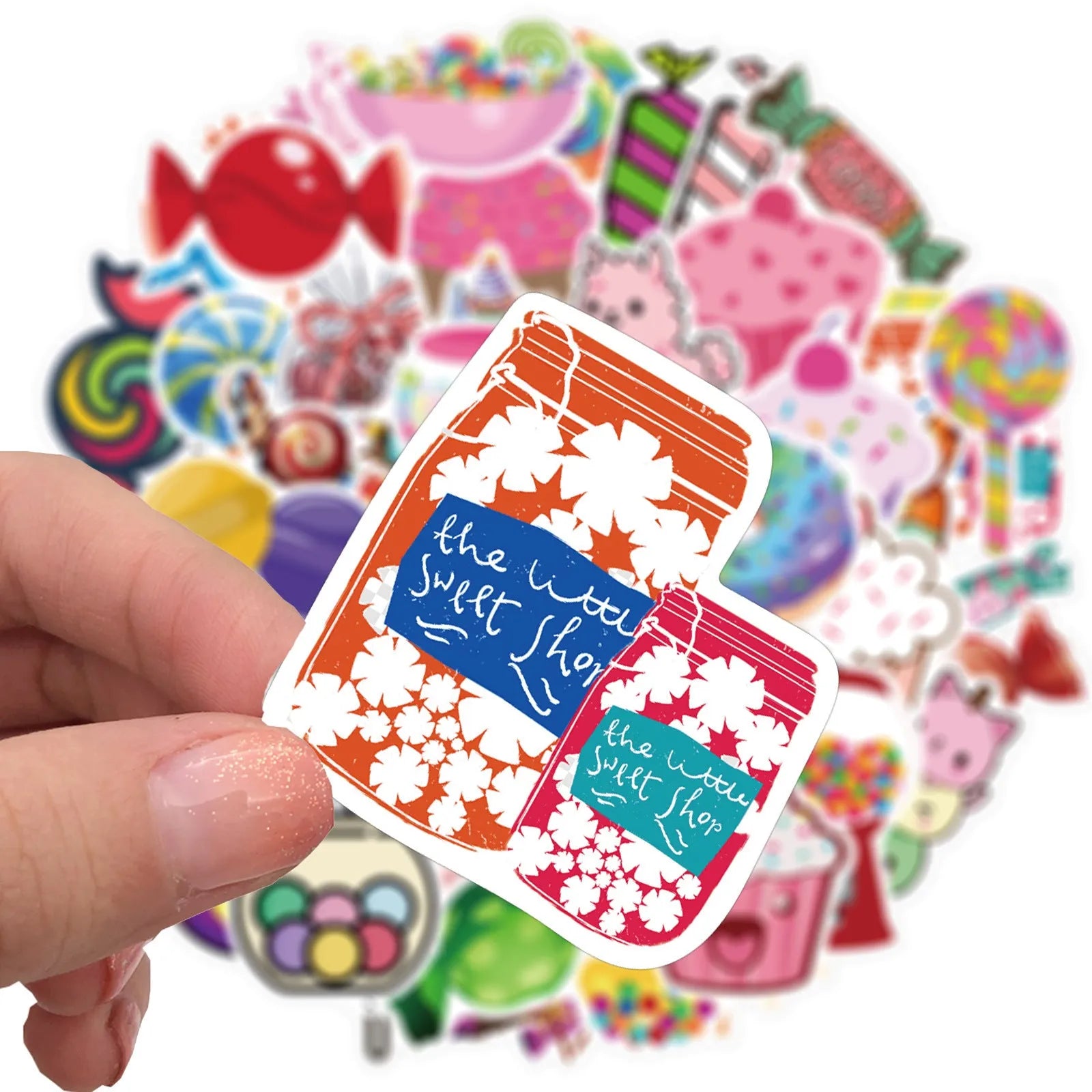 50 colourful Candy graffiti stickers with cartoon designs measuring 4-6cm
