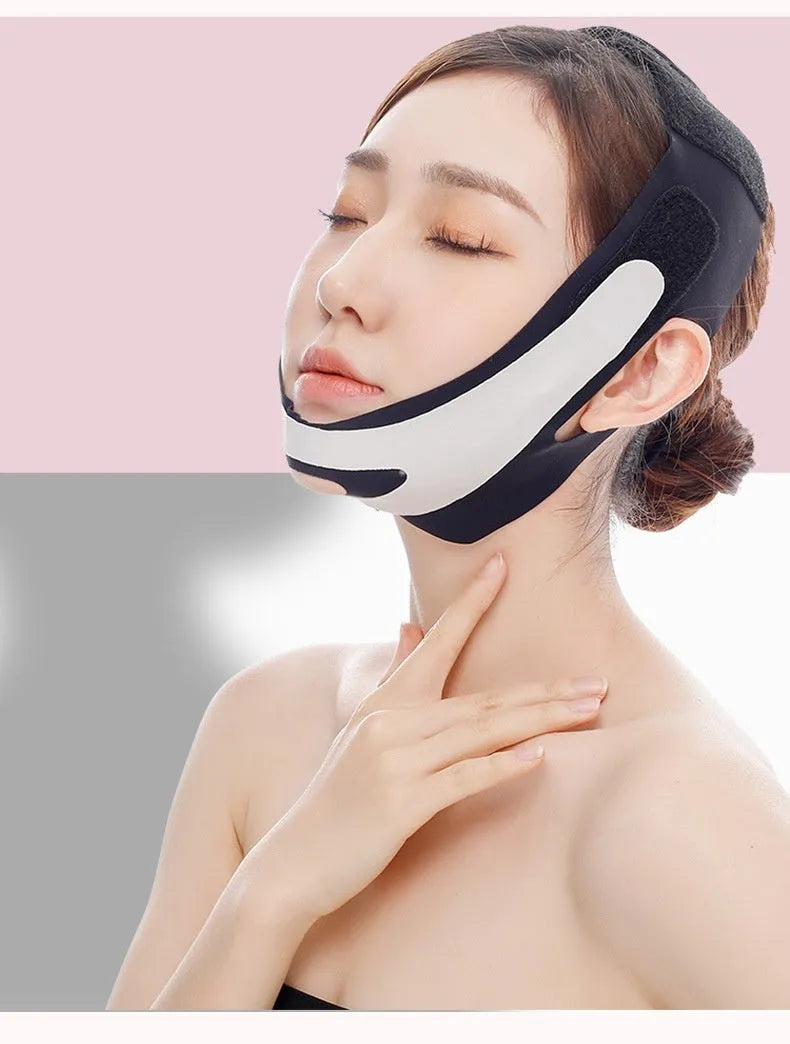 Pink and black elastic V-shaped face bandage for facial contour support