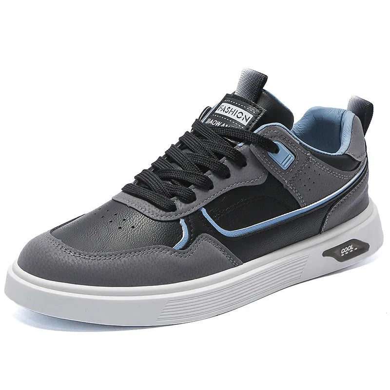 Men's Korean-style canvas board shoes in black, beige or grey with mesh lining and leather stitching details