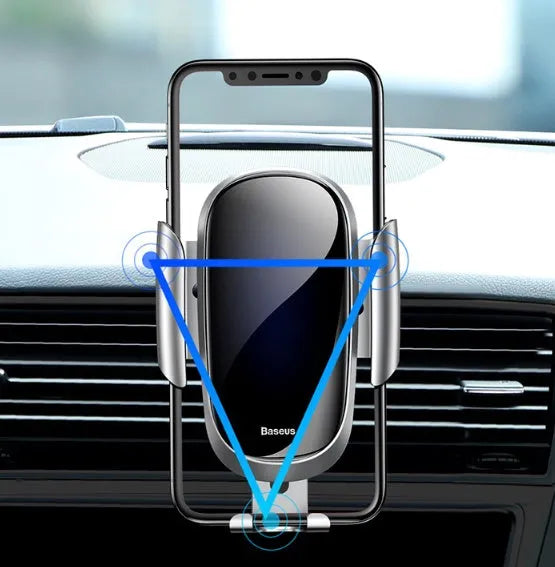 Smart car bracket mount holding a mobile phone, showing 360-degree rotation and adjustable clamp.