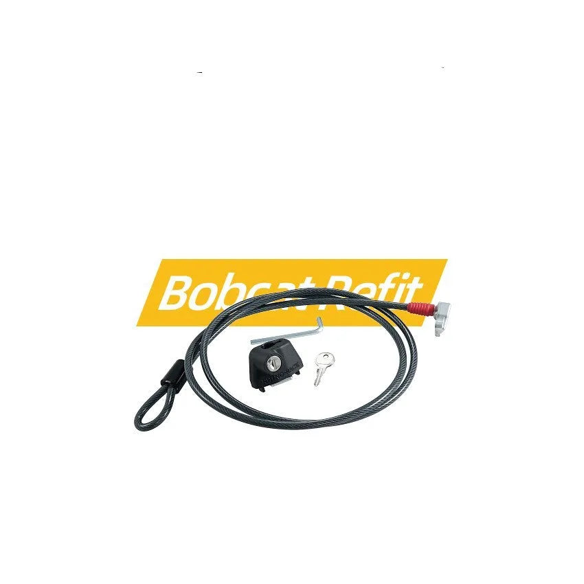 Roof platform steel cable lock with plastic sheath securing a kayak to roof bars.