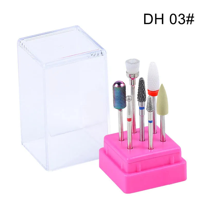 Tungsten steel nail drill bits and brush set in a clear case for manicure and pedicure.