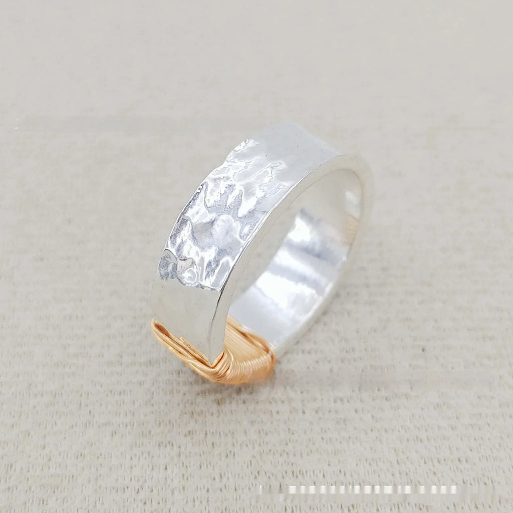 Copper simple bracelet with a geometric vintage ring design in a silver gold electroplated finish.