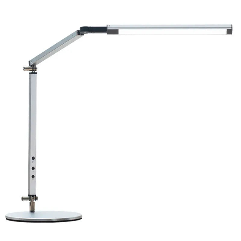 Black adjustable clip-on desk lamp with flexible arm and remote control on a wooden desk