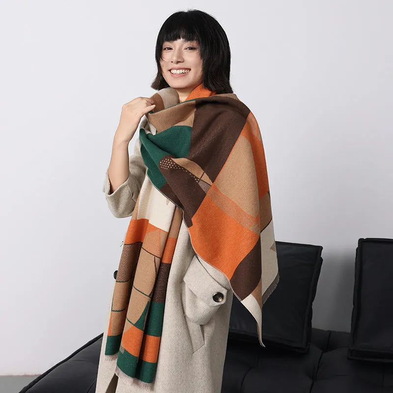 Long beige imitation cashmere scarf draped to show its 185cm length and texture.